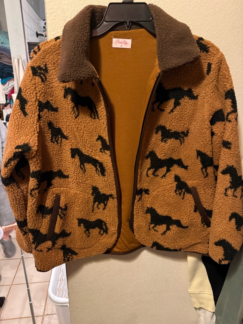 Pink Lily Brown Sherpa Jacket with Black Horse Print
